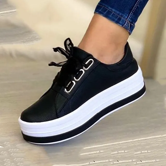 Women's Sneakers White Shoes Plus Size Platform Sneakers Daily Summer Spring Fall Platform Flat Heel Round Toe Sporty Casual Walking Shoes PU Lace-up Solid Color Silver Dark Red Black