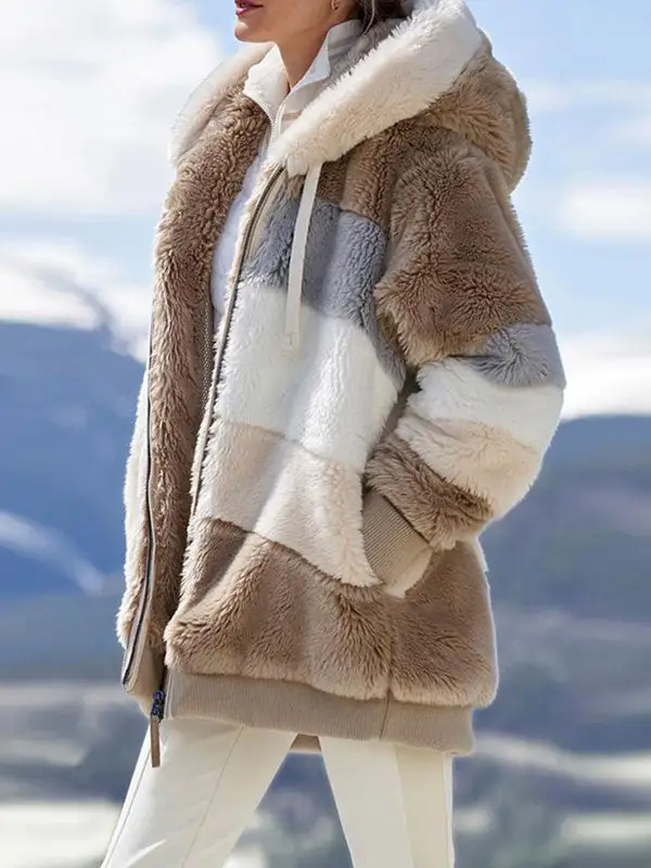 Loose Plush Multicolor Hooded Coat