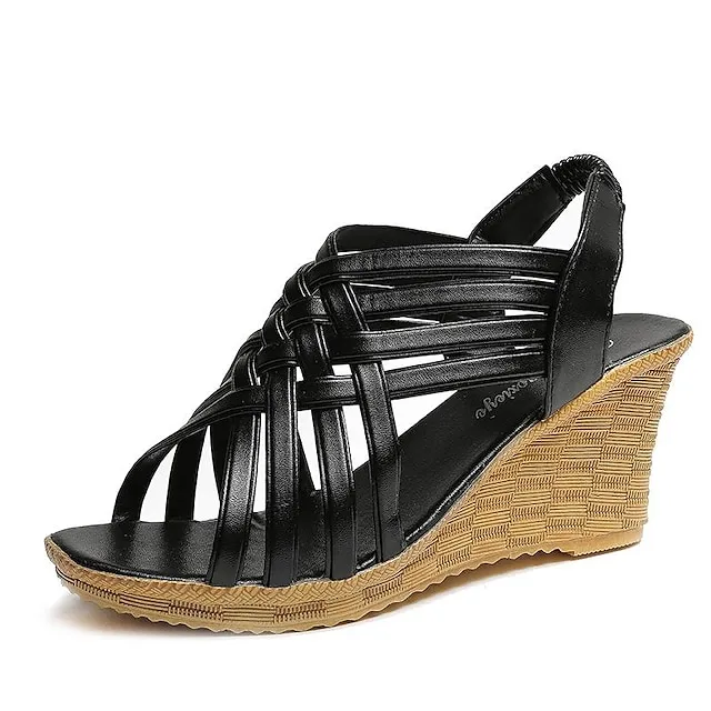 Women's Sandals Wedge Sandals Braided Sandals Party Daily Wedge Heel Open Toe Elegant Casual Faux Leather Elastic Band Braided Black White Brown
