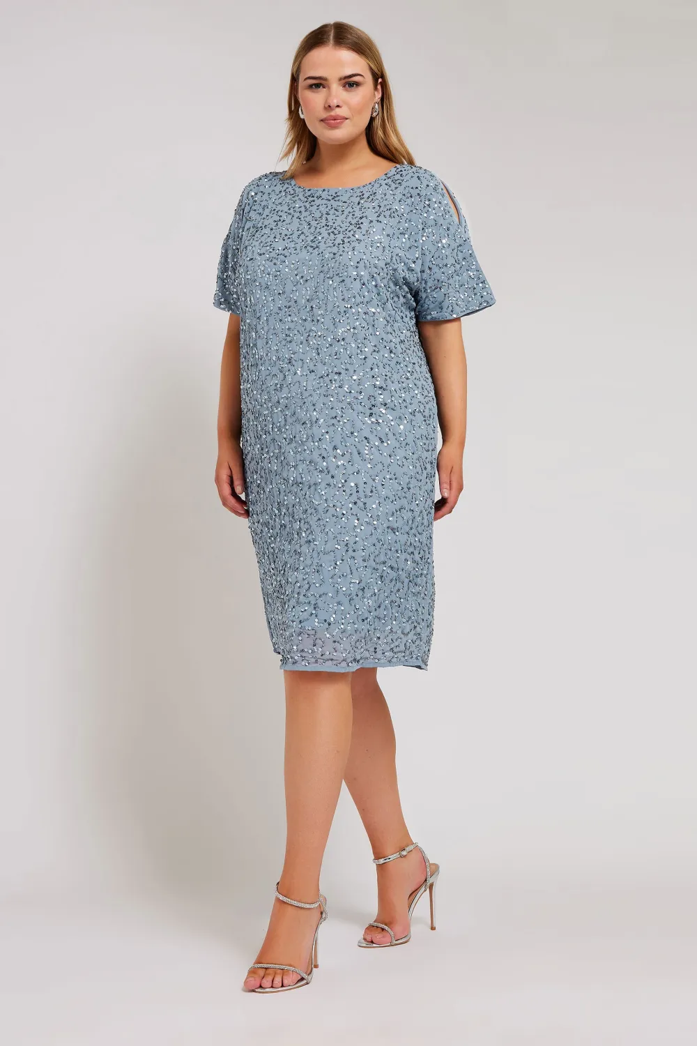 LUXE Curve Light Blue Sequin Hand Embellished Cape Dress