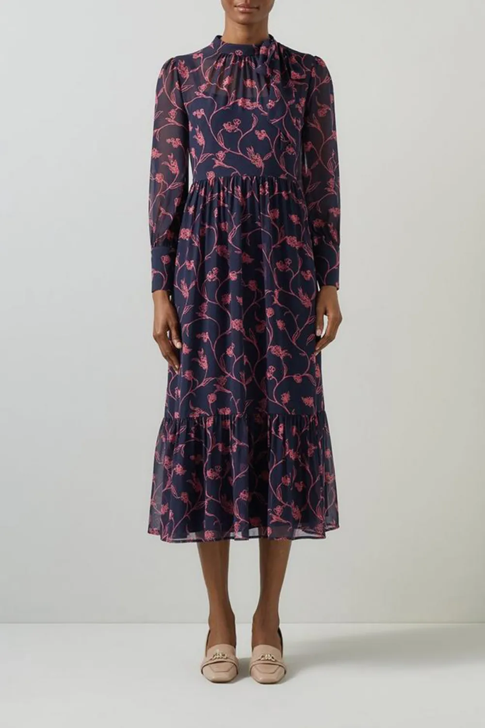 Navy Blue Floral Print Long Sleeve Midi Dress