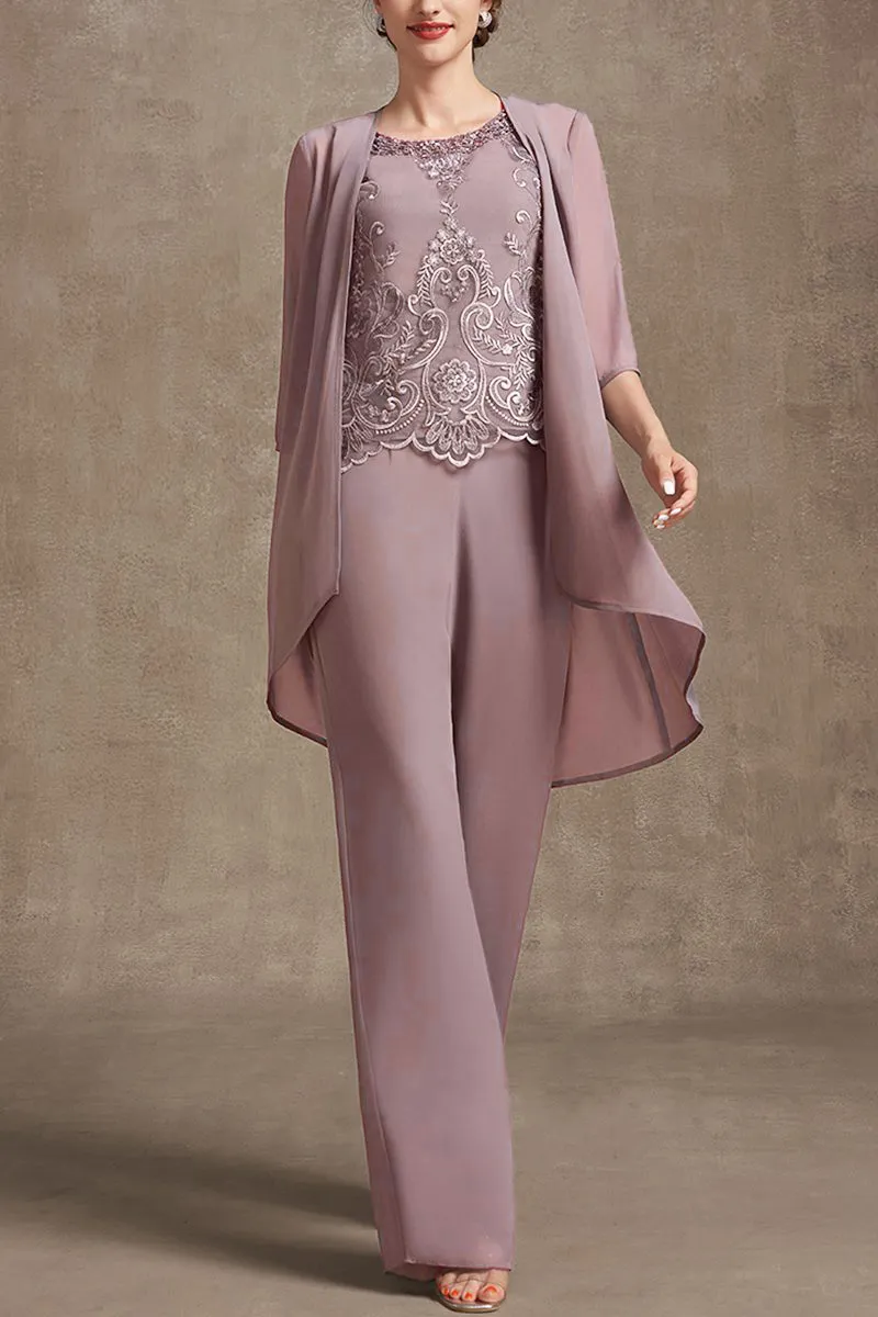 Plus Size Embroidery Chiffon Three Pieces Set Pant Suits