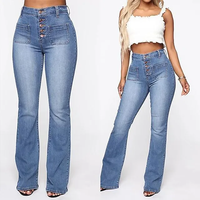 Women's Jeans Skinny Bootcut Full Length Denim Pocket High Cut Stretchy High Waist Fashion Office Casual Light Blue Dark Blue S M Autumn / Fall