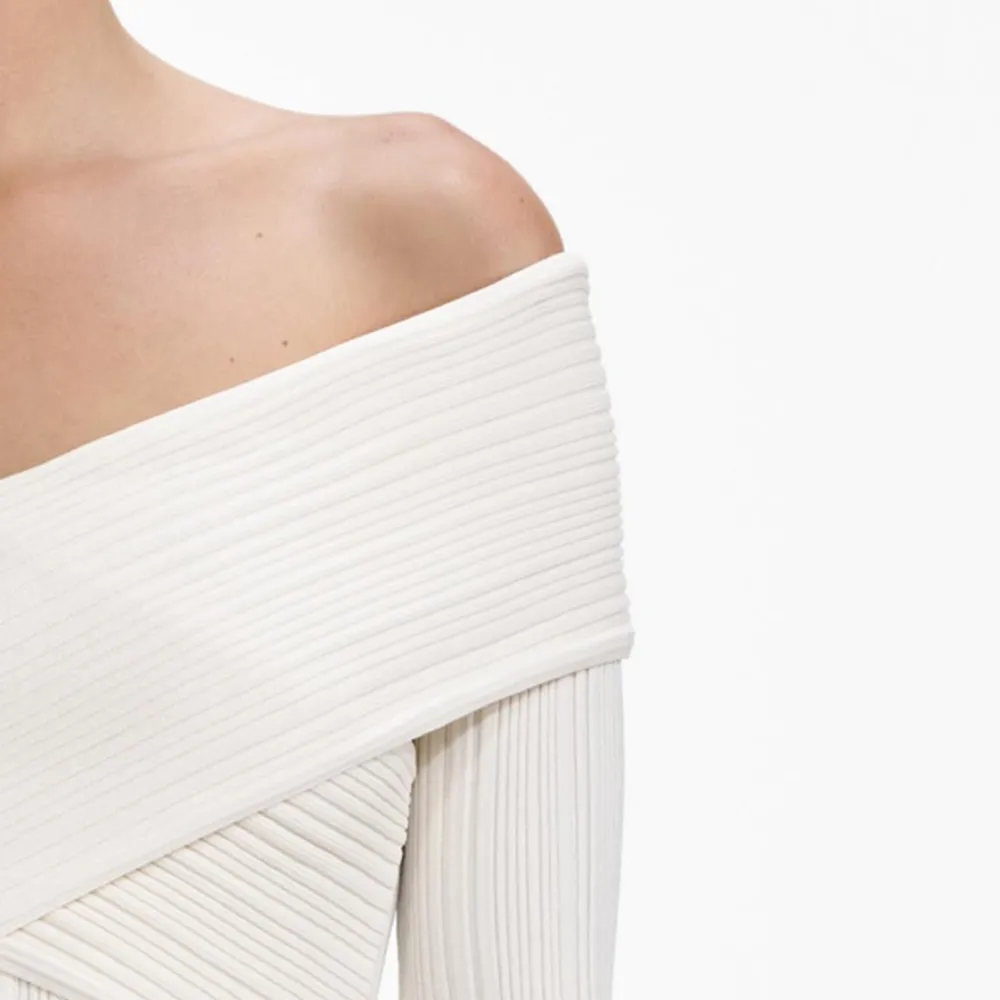 Cream Off Shoulder Knit Midi Dress