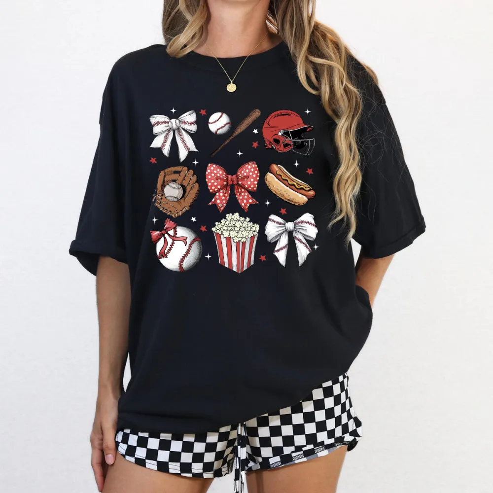 Baseballs, Baseball Bats, Baseball Helmets, Baseball Gloves, Bow Ties, Hot Dogs, Popcorn And Star Combination Patterns, Casual T-Shirts.