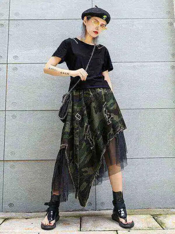 Camouflage Cropped Mesh Splicing Skirt