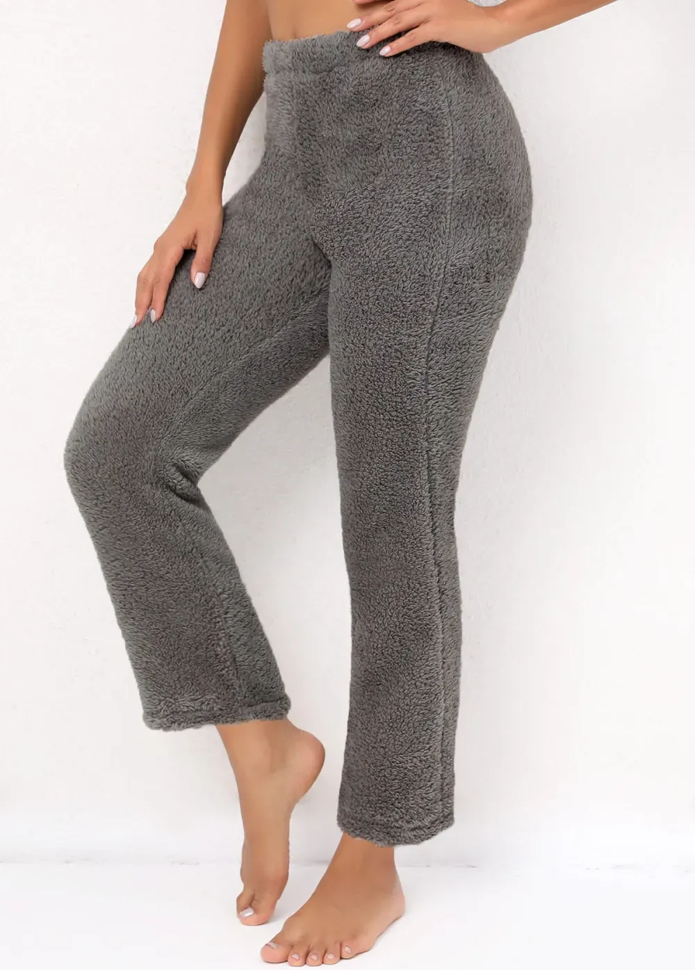 Grey Plush Elastic Waist High Waisted Pants