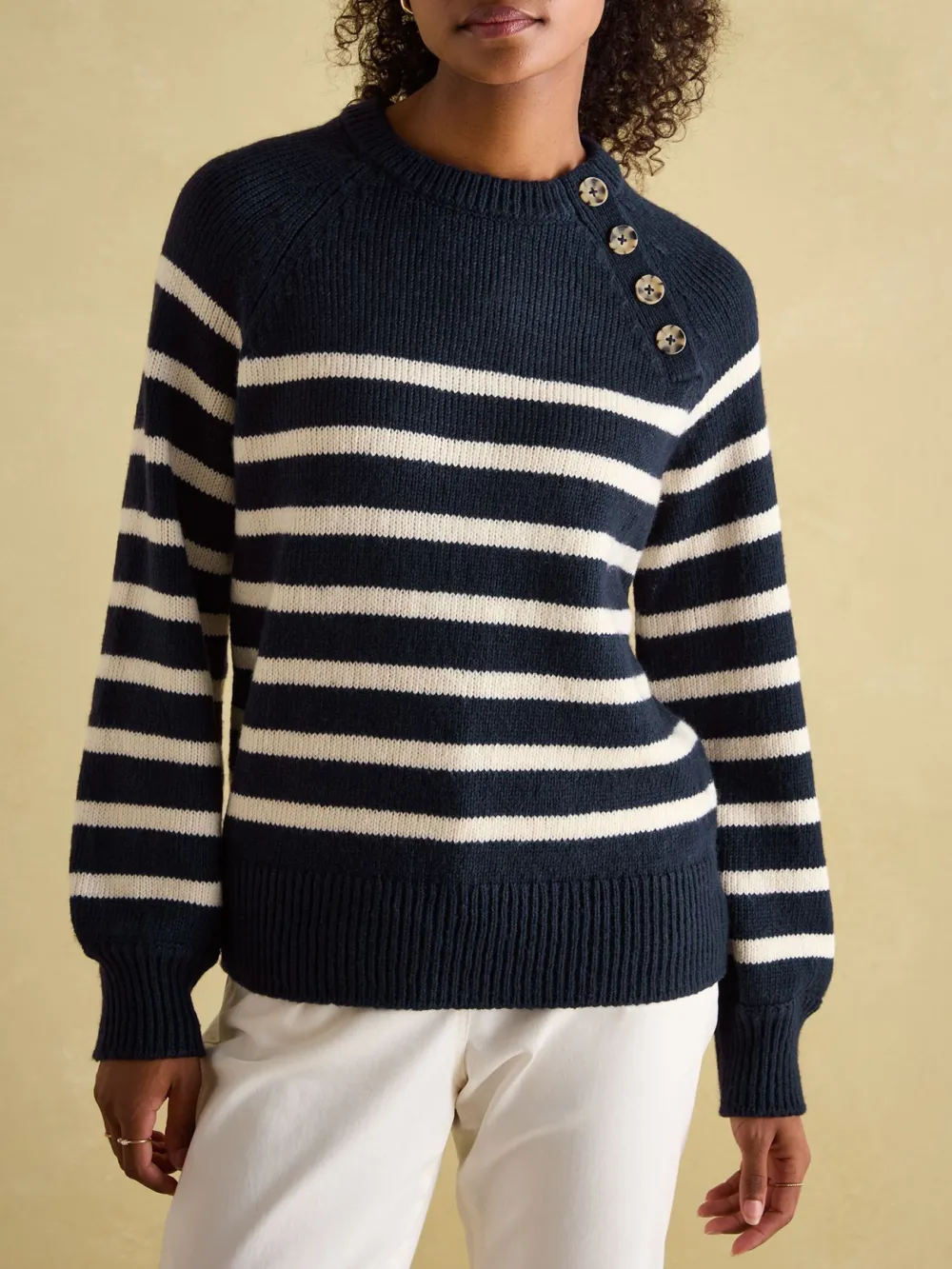 Navy Striped Button Neck Jumper