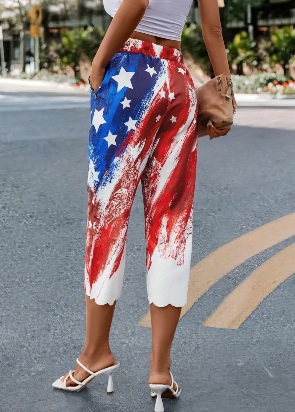 Multi Color Flag Print Elastic Waist Pants
