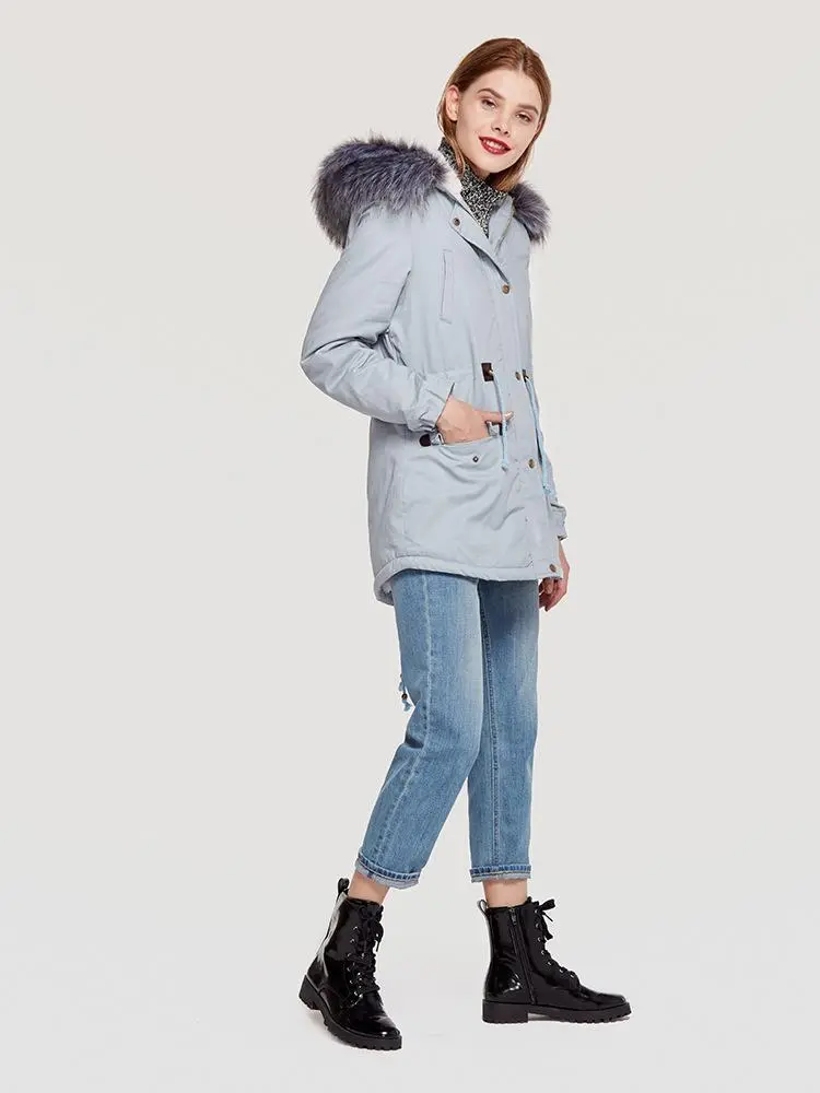 Faux Fur Collar Pockets Drawstring Women Parka Jacket Oversized Coat