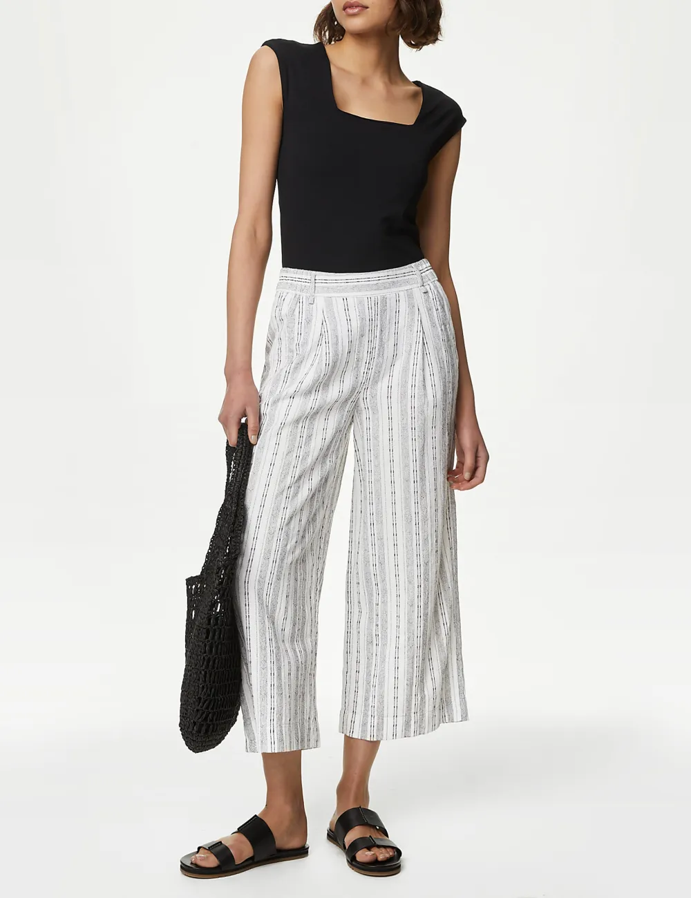 Linen Striped Wide Leg Trousers