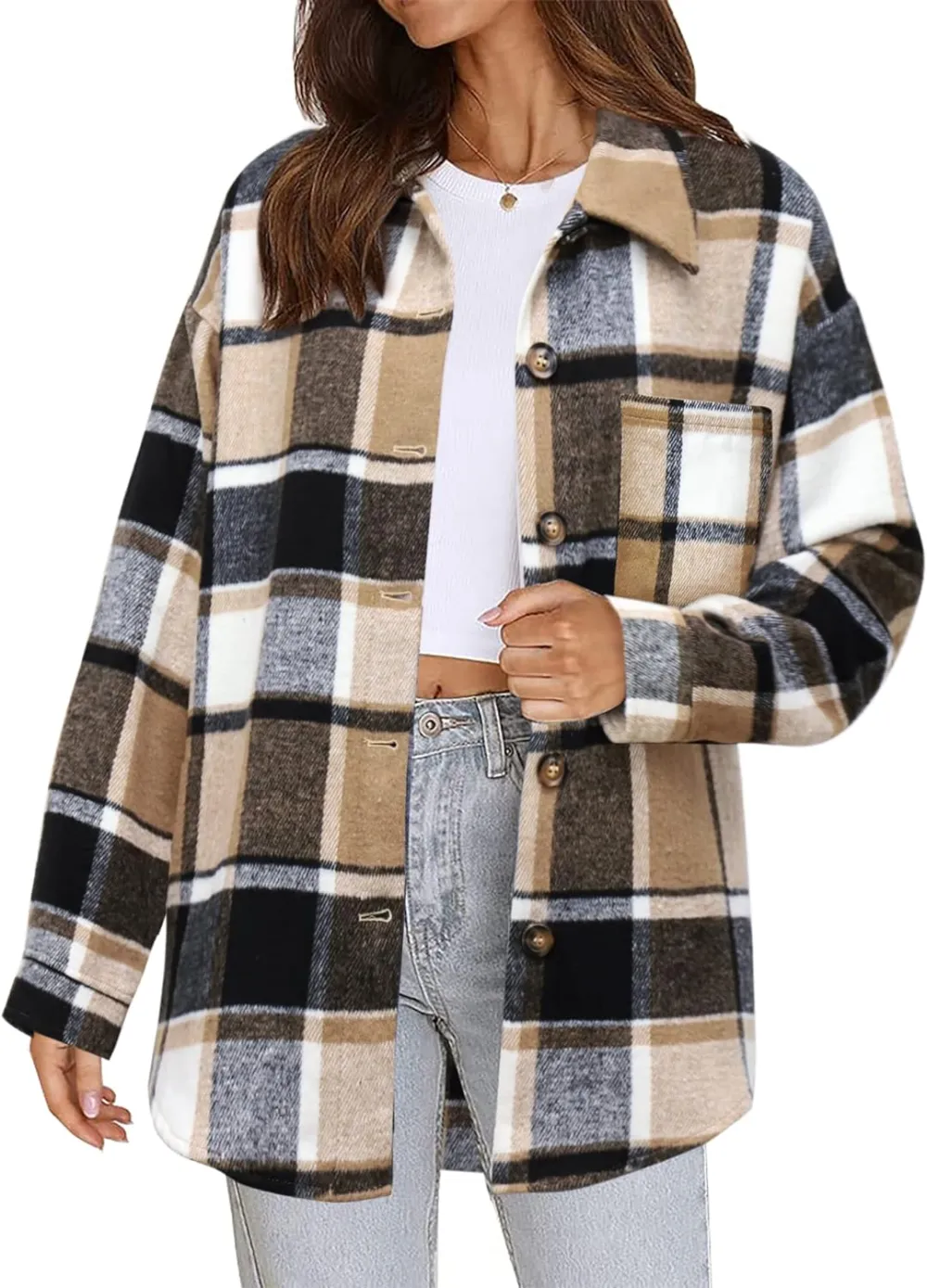 Women's Flannel Plaid Shacket Long Sleeve Button Down Chest Pocketed Shirts Jacket Coats