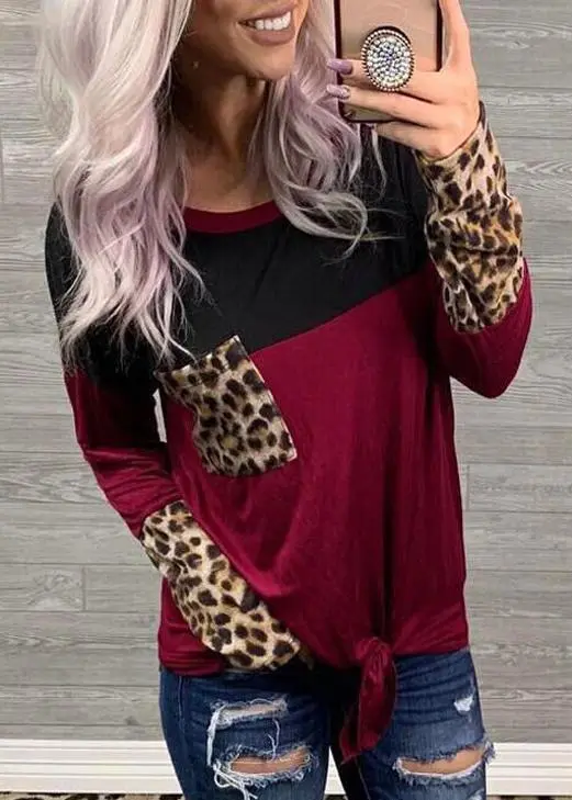 Round Collar Pocket Leopard Splice Long Sleeve T-shirt
