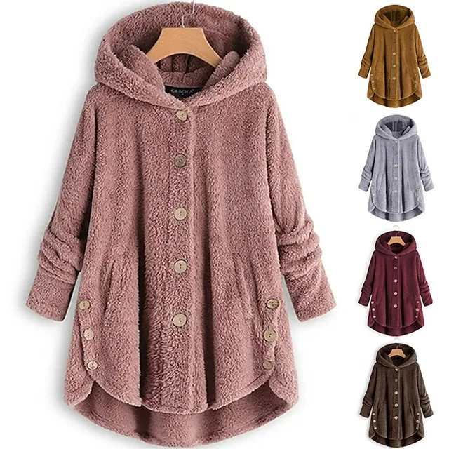 Women's Fleece Jacket Fleece Sports Pullover Sherpa Fleece Button Front Pocket claret turmeric Black Solid Color Street Casual Hoodie Plus Size Long Sleeve Top Fleece lined Micro-elastic Fall & Winter