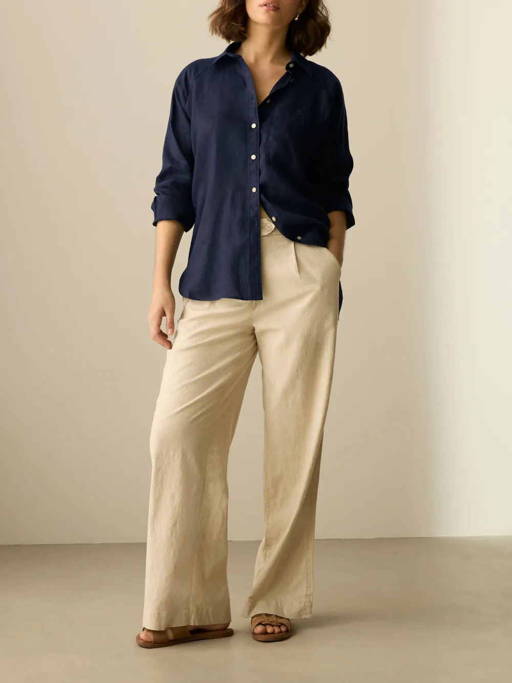 Ecru Palm Print Linen Flat Collar Loose Long Sleeve Shirt