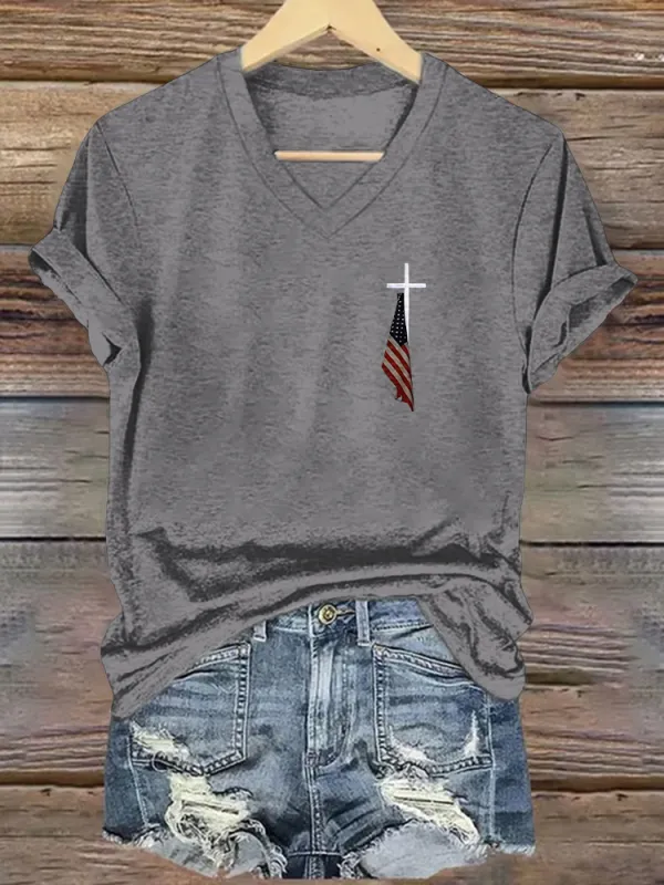 Women's  Faith And Flag Print Short Sleeve Round Neck Cotton T-Shirt