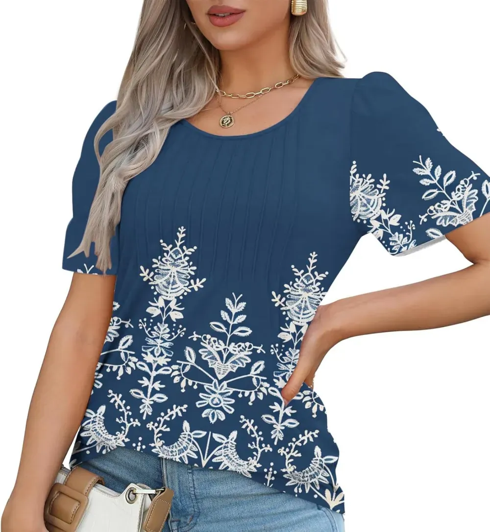 Womens Summer Pleated Front Shirts Tunics Casual Short Sleeved Loose Round Neck Boho Printed Tops Vacation Blouse