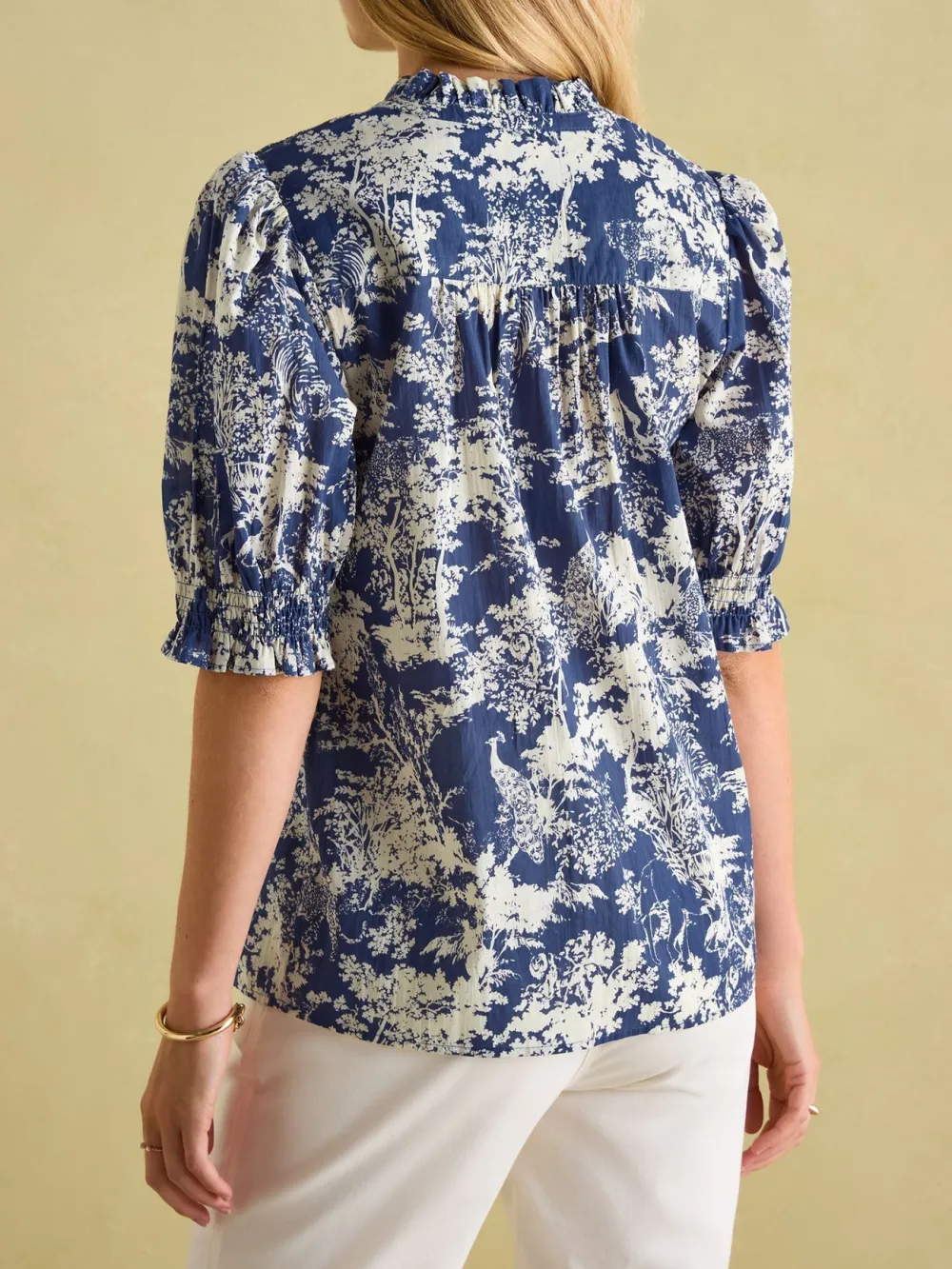 Blue Frill Neck Smocked Blouse