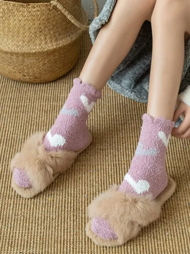 Polka-dot Bear Heart-shaped Graphics Warm Plus Velvet Coral Fleece Floor Socks