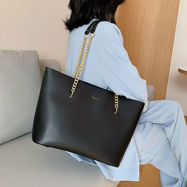 Women's Shoulder Bag Tote Crossbody Bag Leather PU Leather Outdoor Office Daily Chain Solid Color Black White Red