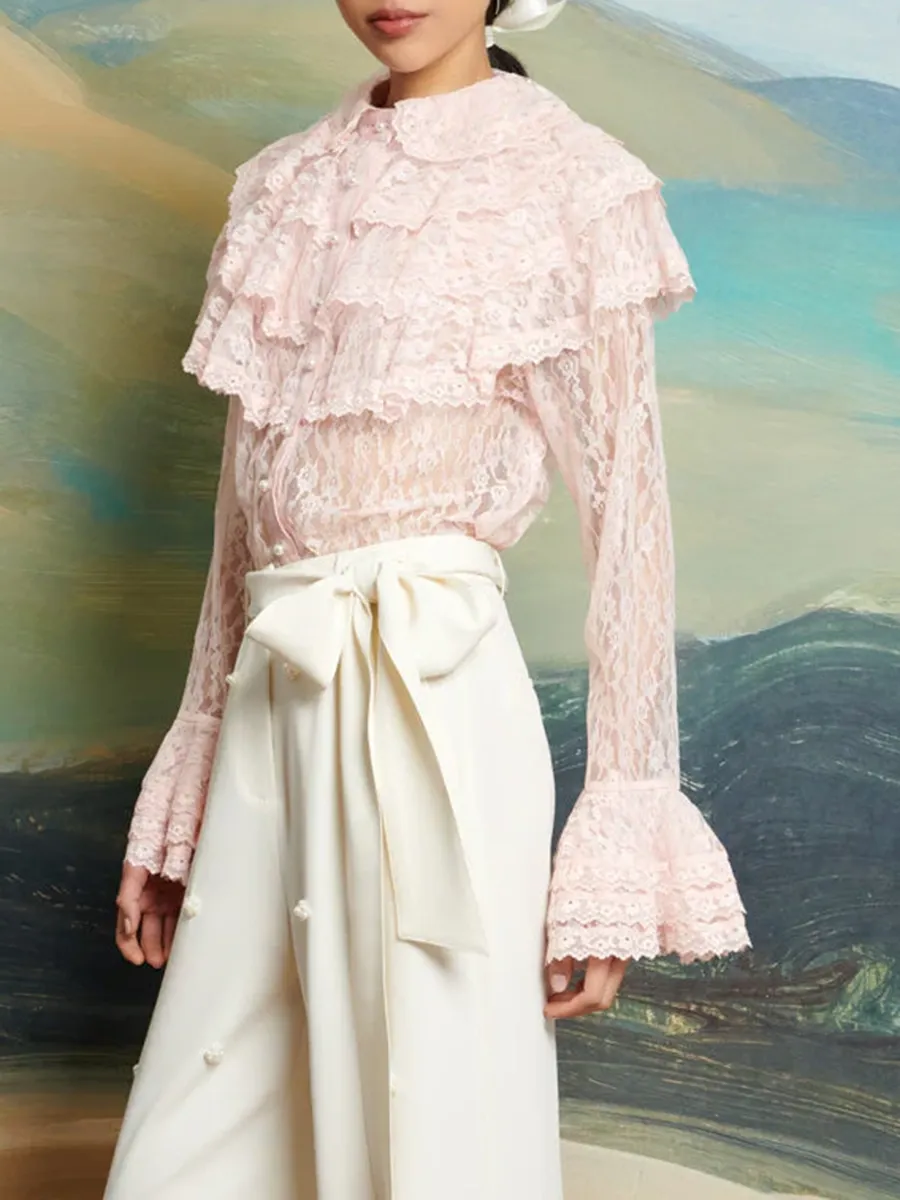 Casual Regular Lace Ruffle Blouse