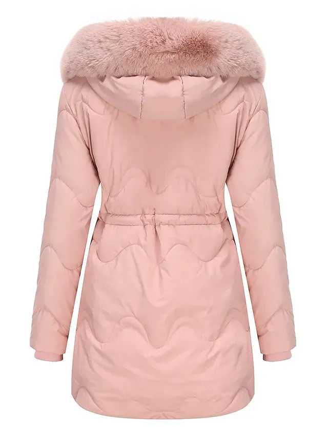 Women's Parka Puffer Jacket Winter Coat Zip up Hooded Coat with Fur Collar Drawstring Thermal Warm Heated Coat Removable Hood Fall Outerwear with Pockets Warm Classic Long Sleeve Light Blue Pink Black
