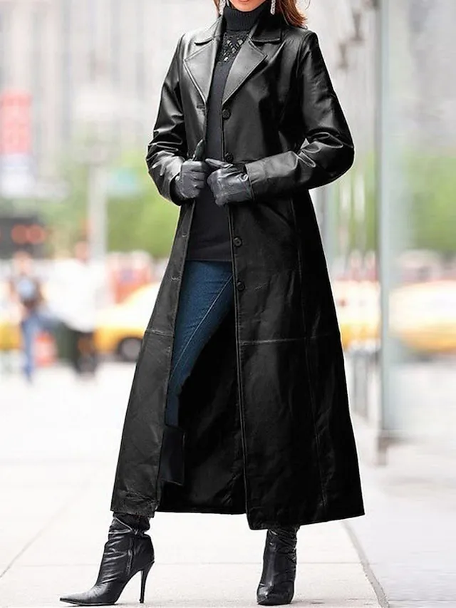 Women's Leather Trench Coat Single Breasted Lapel Overcoat Winter Coat Windproof Warm Waterproof Long Coat Fall Streetwear Outerwear Long Sleeve Black
