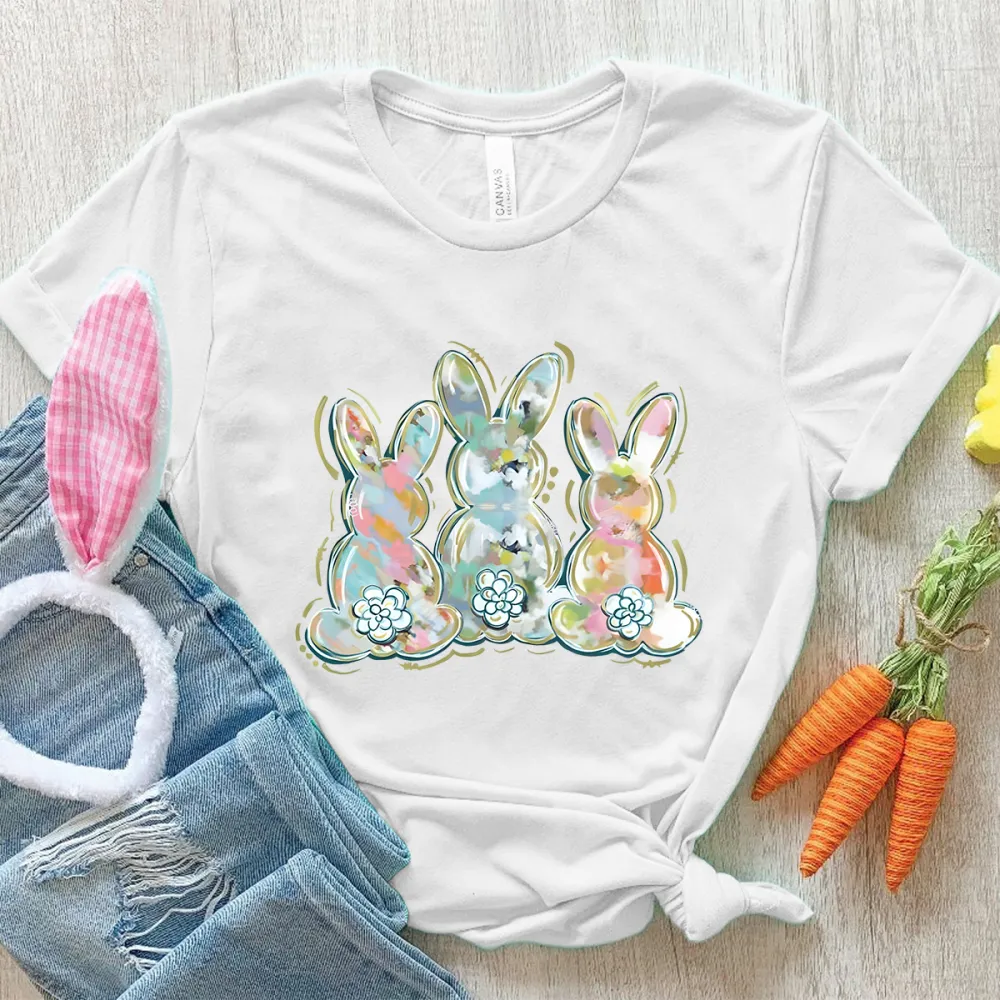 Happy Easter Printed Round Neck Short Sleeve T-Shirt