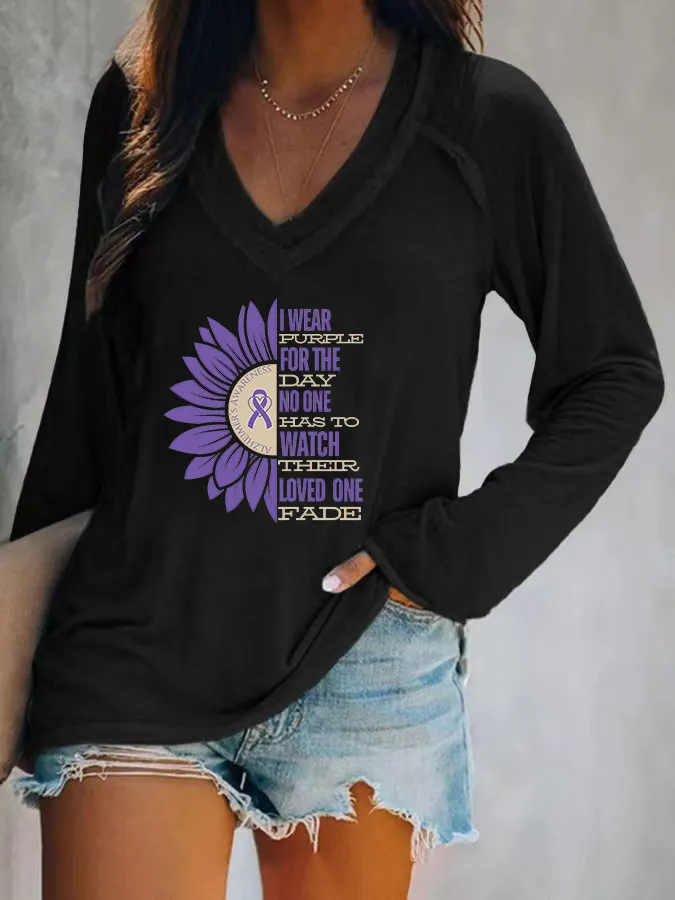 Women'S I Wear Purple For The Day No One Has To Watch Their Loved One Fade V-Neck Long-Sleeved T-Shirt