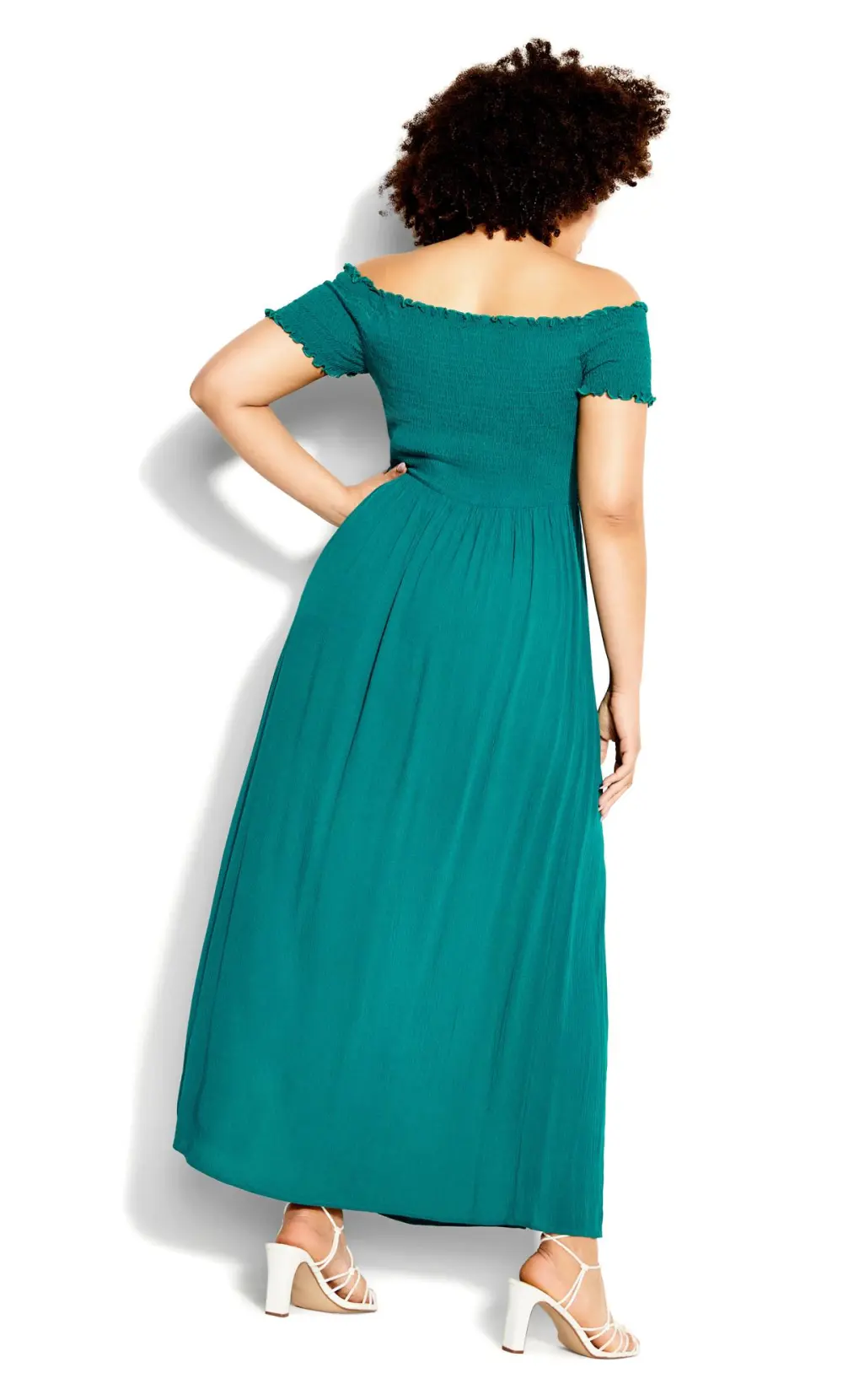 Evans Teal Green Bardot Shirred Maxi Dress