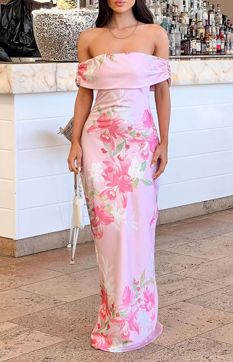 Off Shoulder Pink Floral Maxi Dress