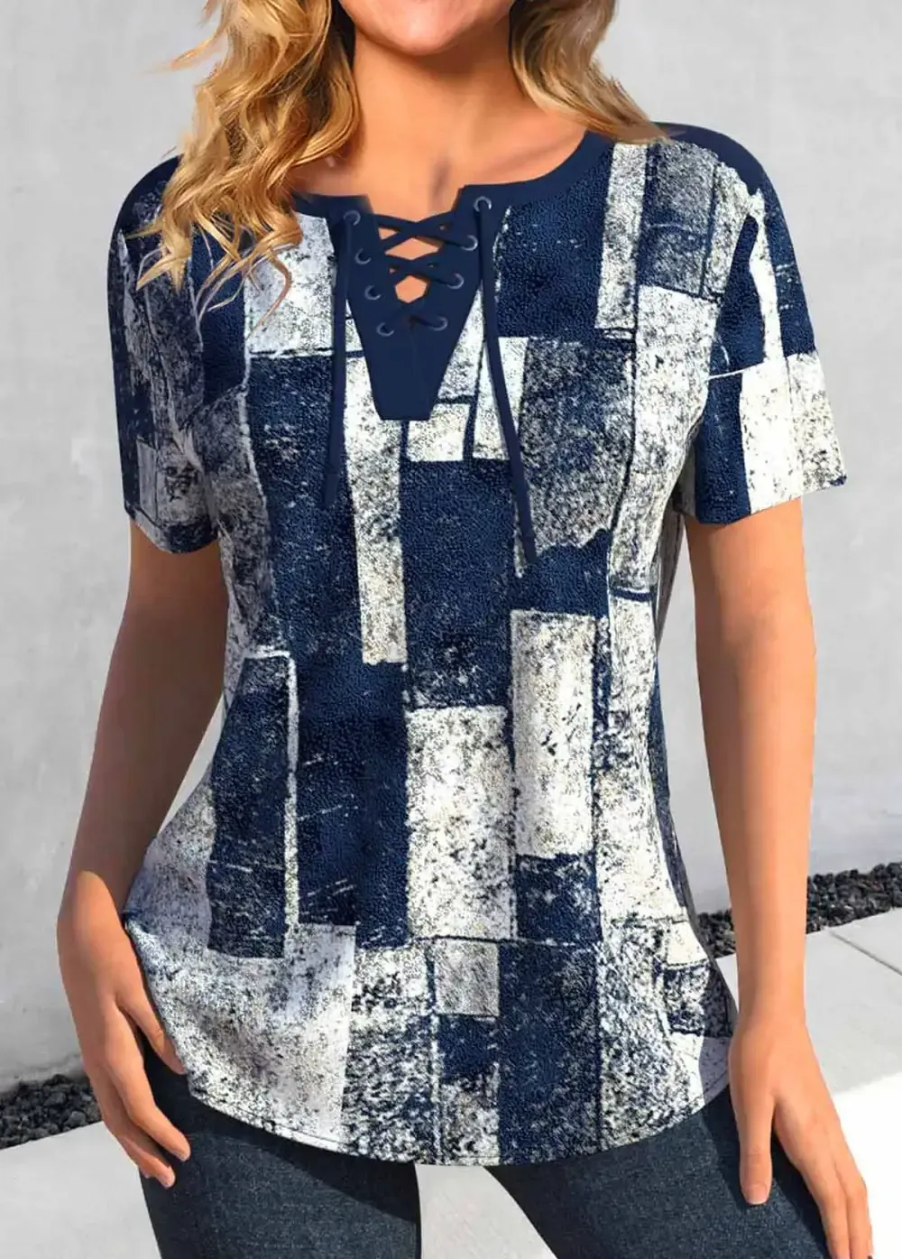 Navy Lace Up Geometric Print Short Sleeve Blouse