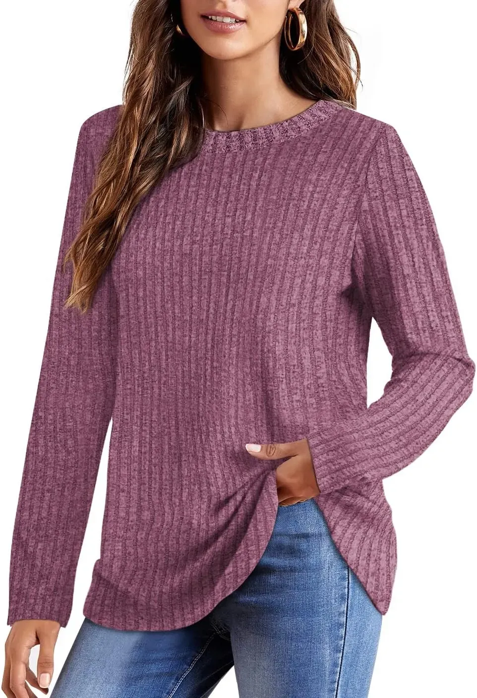 OFEEFAN Long Sleeve Shirts for Women Lightweight Crew Neck Casual Tunic Tops