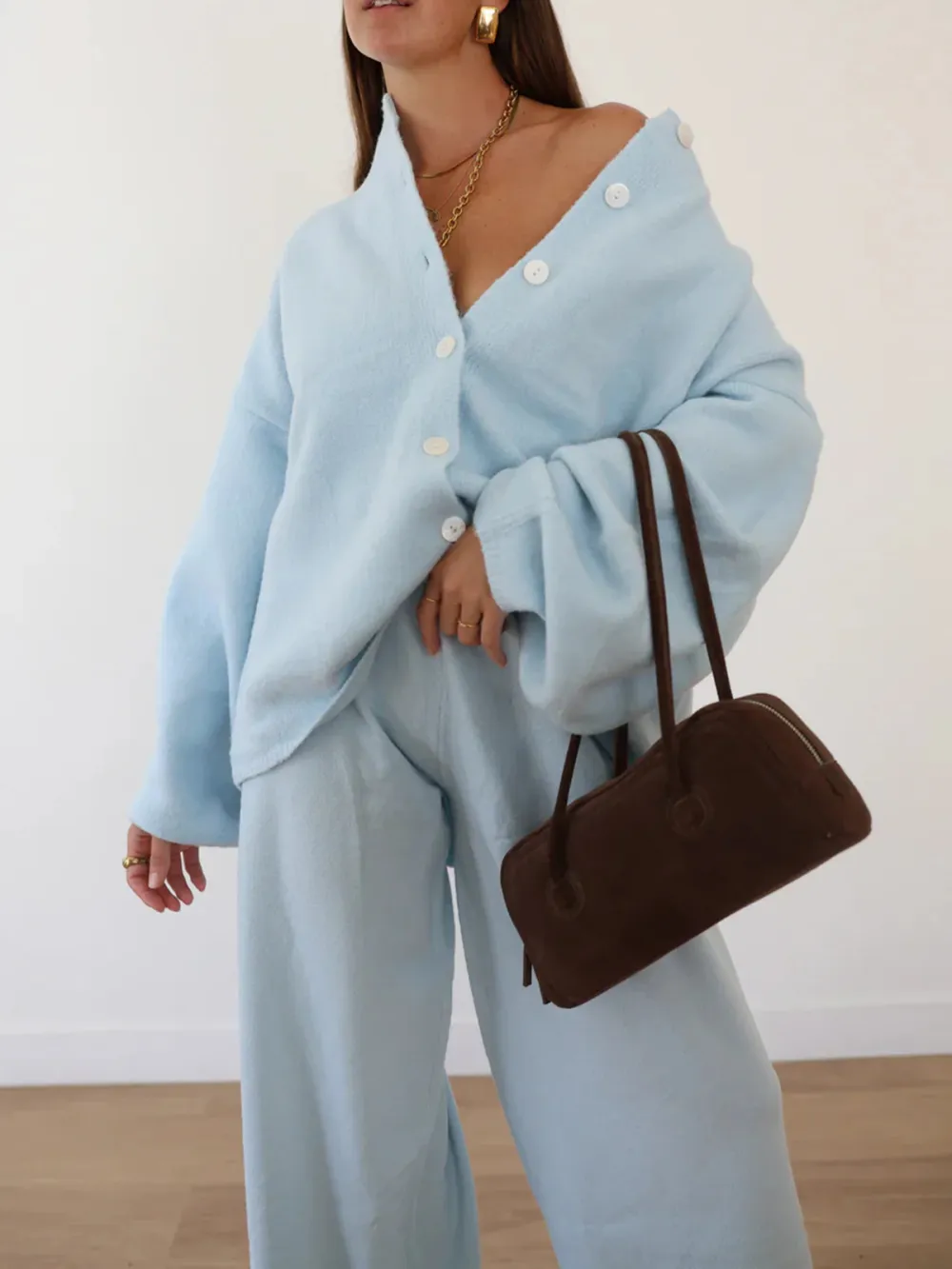 Casual Style Long Sleeve Knit Cardigan Blue