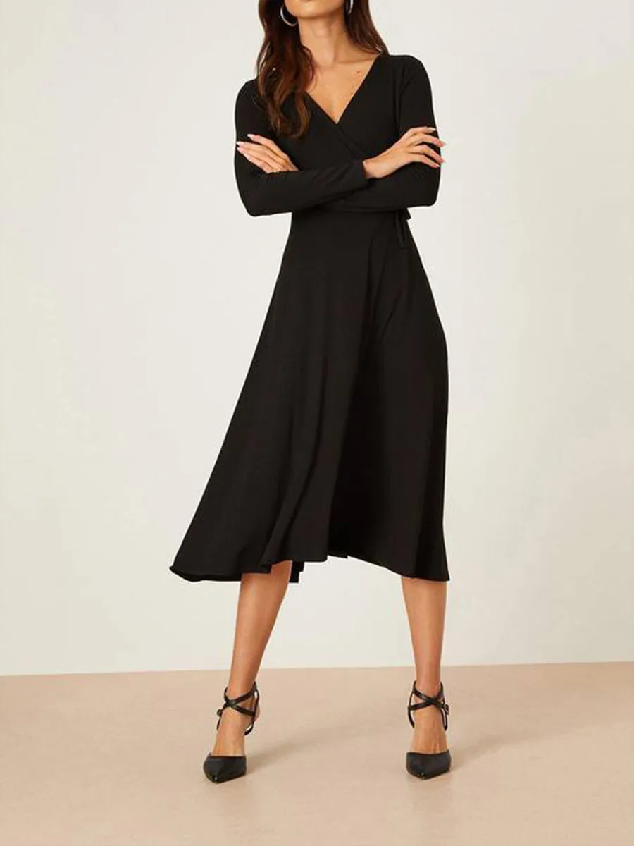 Black Wrap V-Neck Long Sleeve Midi Dress