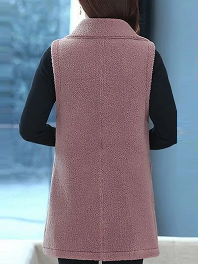 Women's Teddy Vest Long Teddy Coat Fall Sherpa Jacket Fleece Warm Zipper Vest with Pockets Winter Long Coat Windproof Warm Modern Style Sleeveless Plain Pink Red Khaki