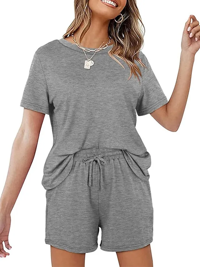 Women's Loungewear Sets Nighty 2 Pieces Pure Color Simple Comfort Home Street Cotton Crew Neck Short Sleeve T shirt Tee Shorts Spring Summer Green Blue