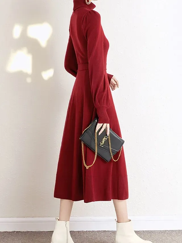 Women's Red Christmas Dress Sweater Dress Jumper Dress Midi Dress Warm Fashion Casual Plain Outdoor Christmas Daily Vacation Turtleneck Long Sleeve Lace up 2023 Regular Fit Black Wine Blue One Size