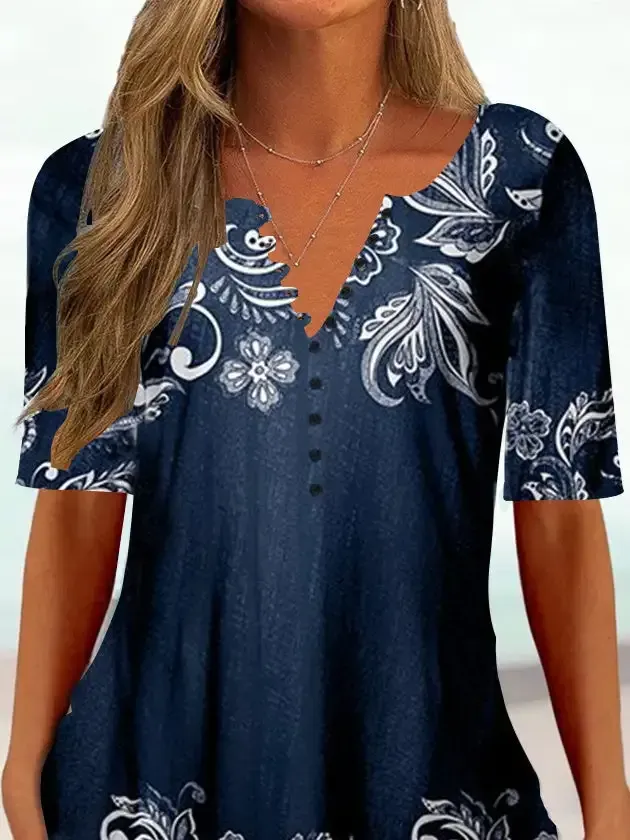 Women Half Sleeve V-neck Floral Printed Tops