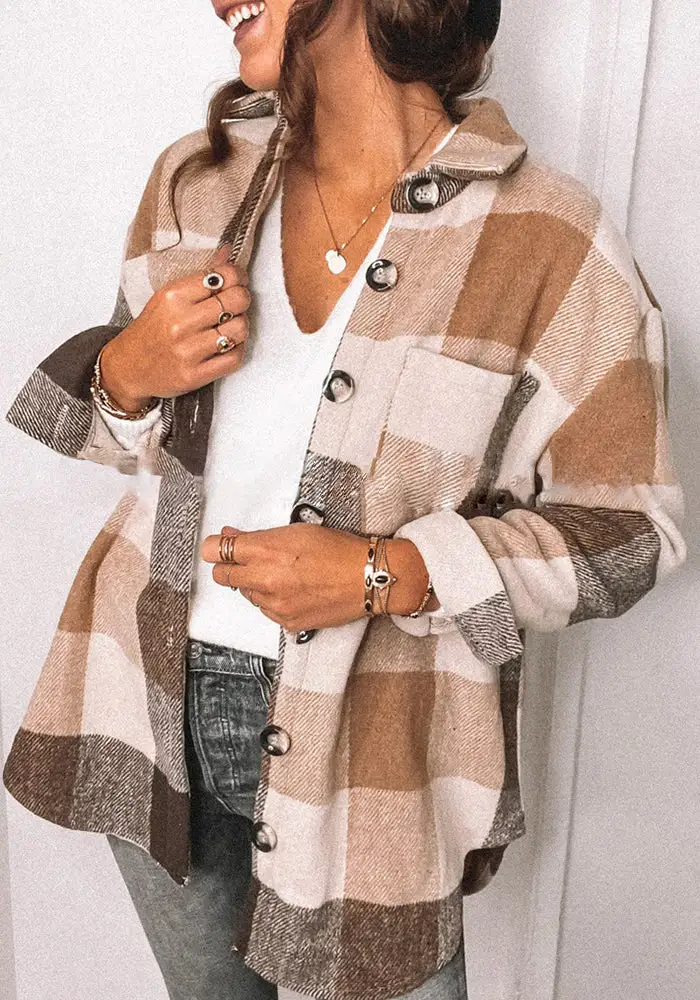 Mitbloom Fashion Lapel Loose Plaid Jacket Tops