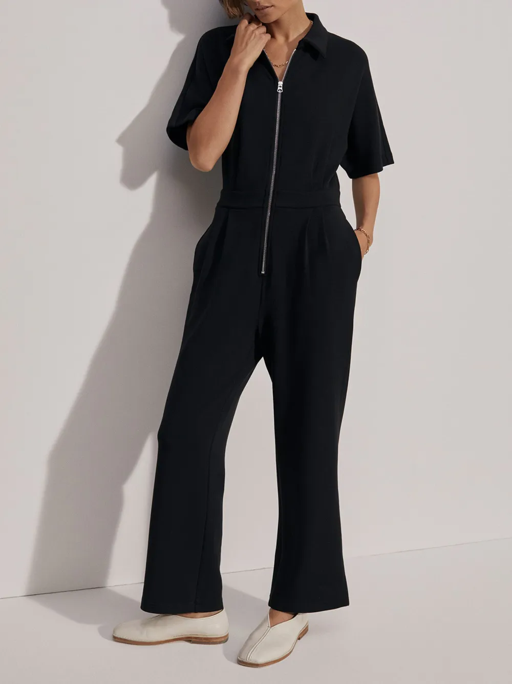 Casual Short-Sleeve Zip-Up Straight-Leg Jumpsuit
