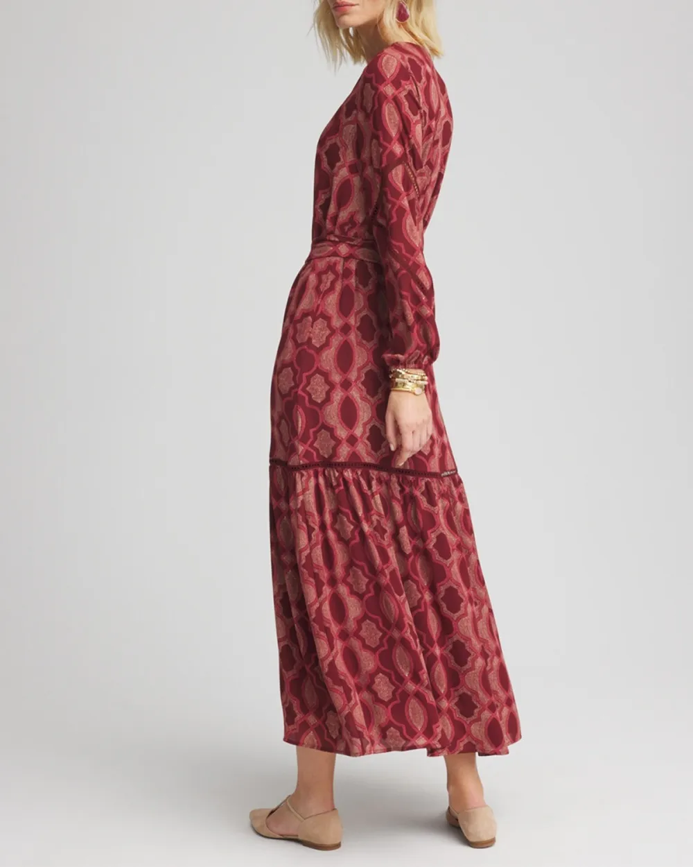 Red Patterned Long Sleeve Tiered Maxi Dress