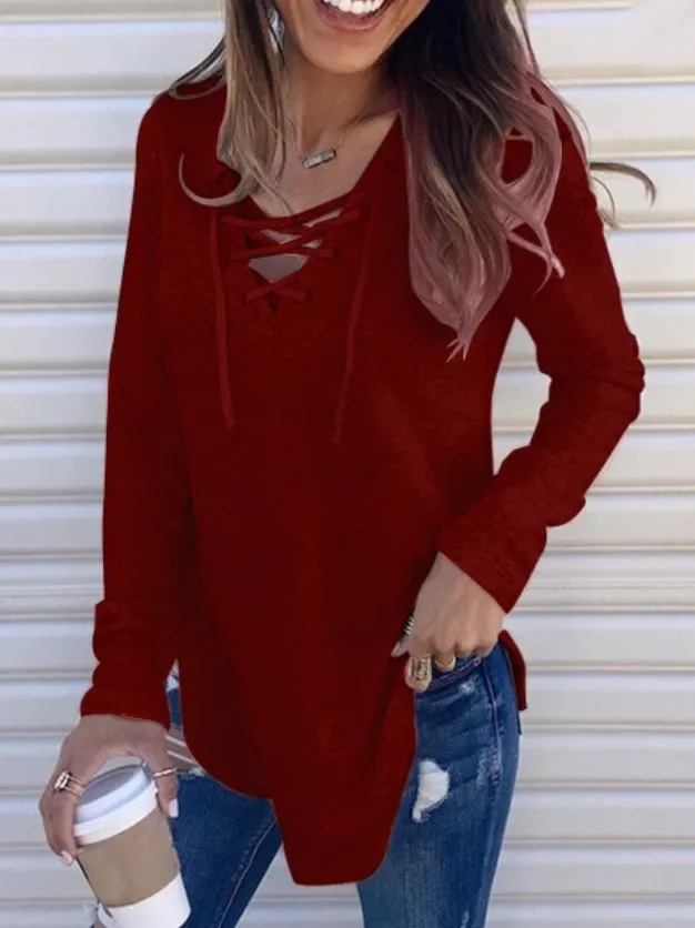 Casual Solid Crisscross Long sleeve Top