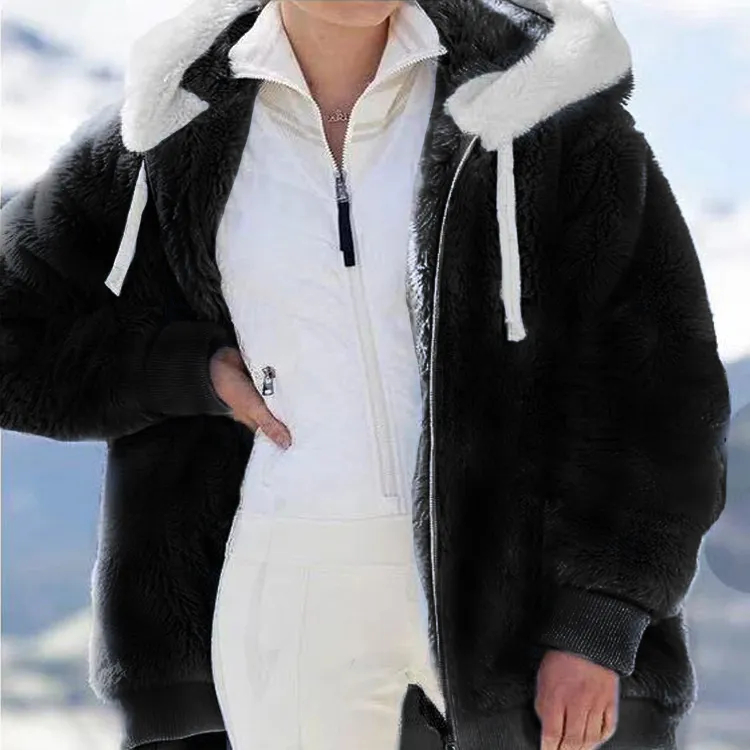 New  Long Plush  Solid Color Hooded Coat