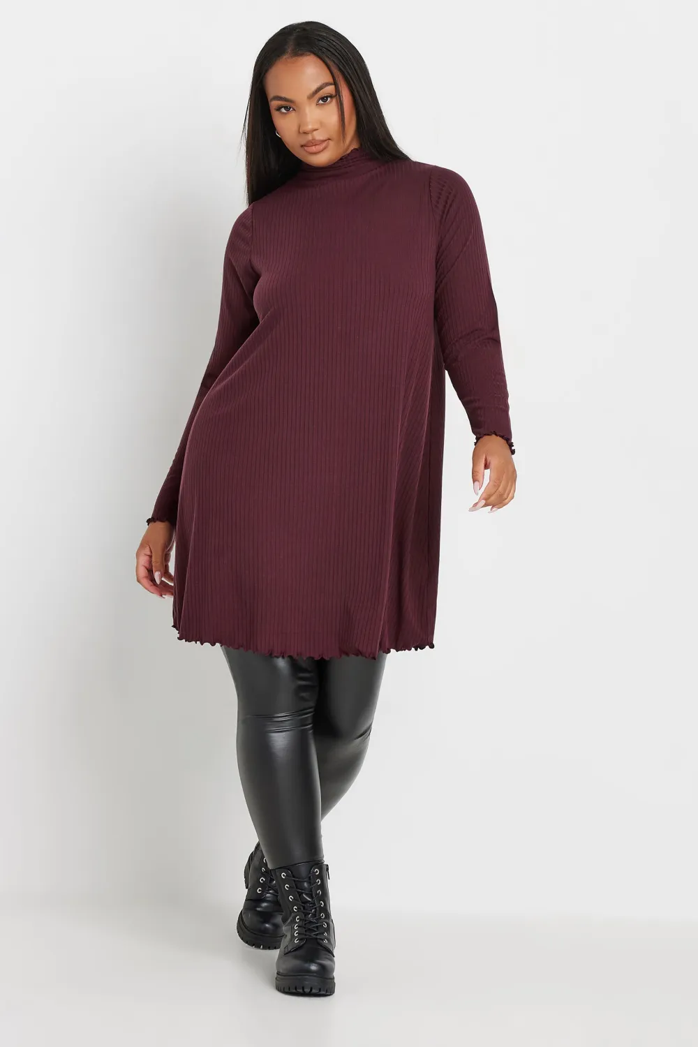 YOURS Curve Burgundy Red Lettuce Edge Tunic Dress