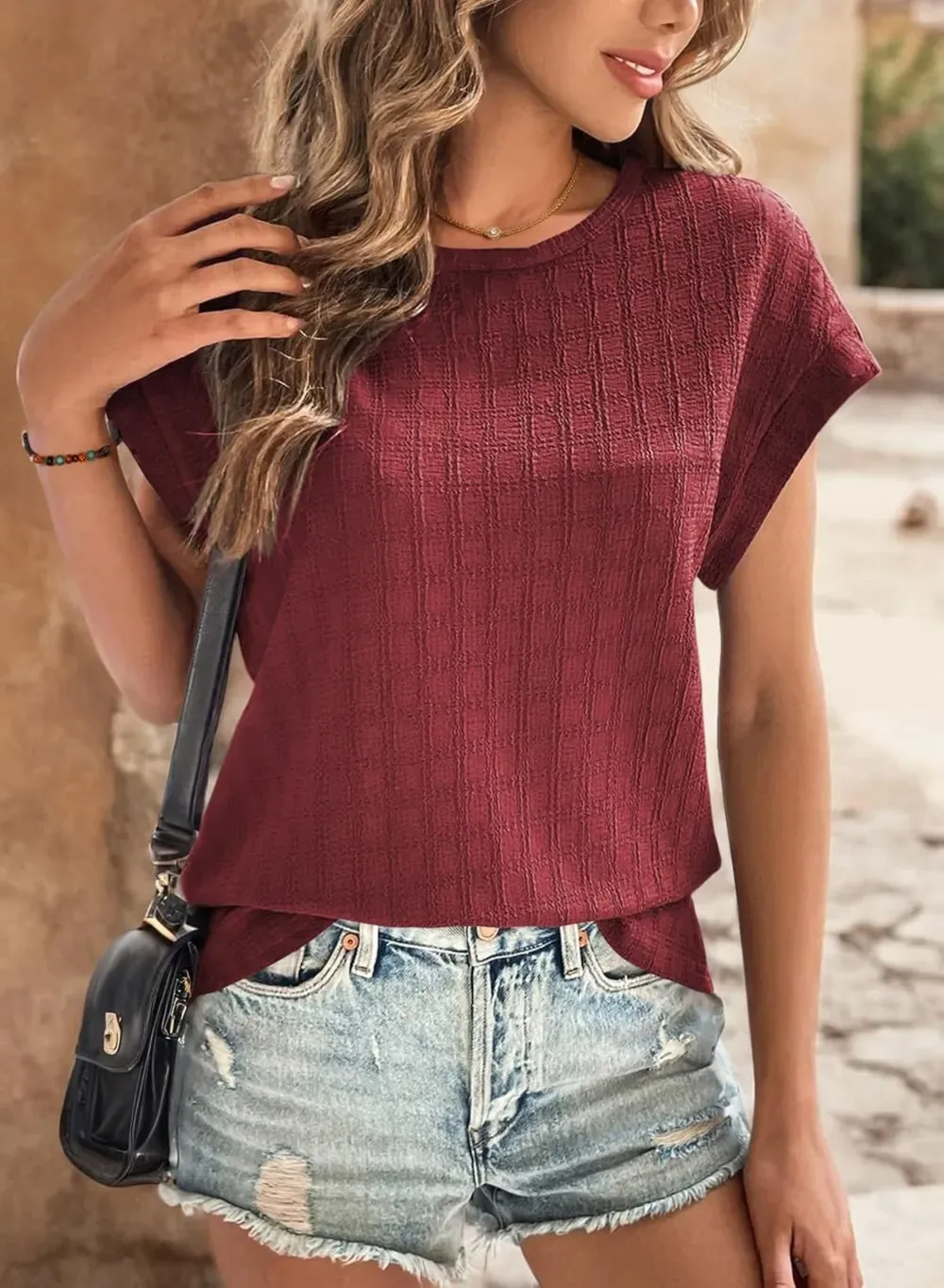 Dokotoo Tops for Women Trendy Summer Casual Cap Short Sleeve Basic Textured Solid Color Round Neck T Shirts Blouse