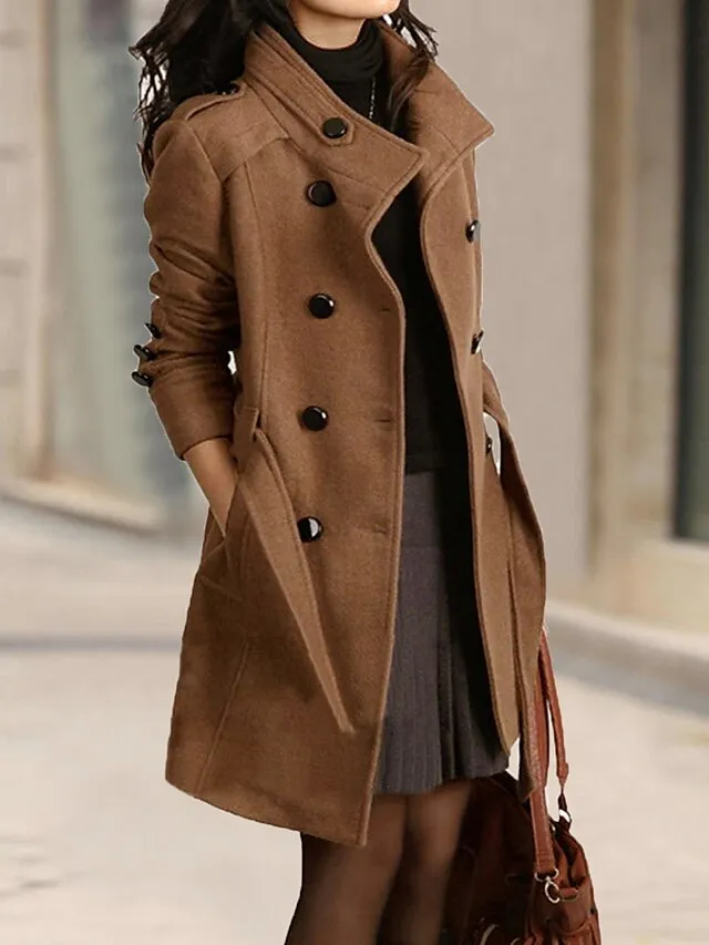 Women's Winter Coat Long Overcoat Double Breasted Stand Collar Pea Coat with Pockets Thermal Warm Windproof Trench Coat with Belt Elegant Contemporary Jacket Long Sleeve Black