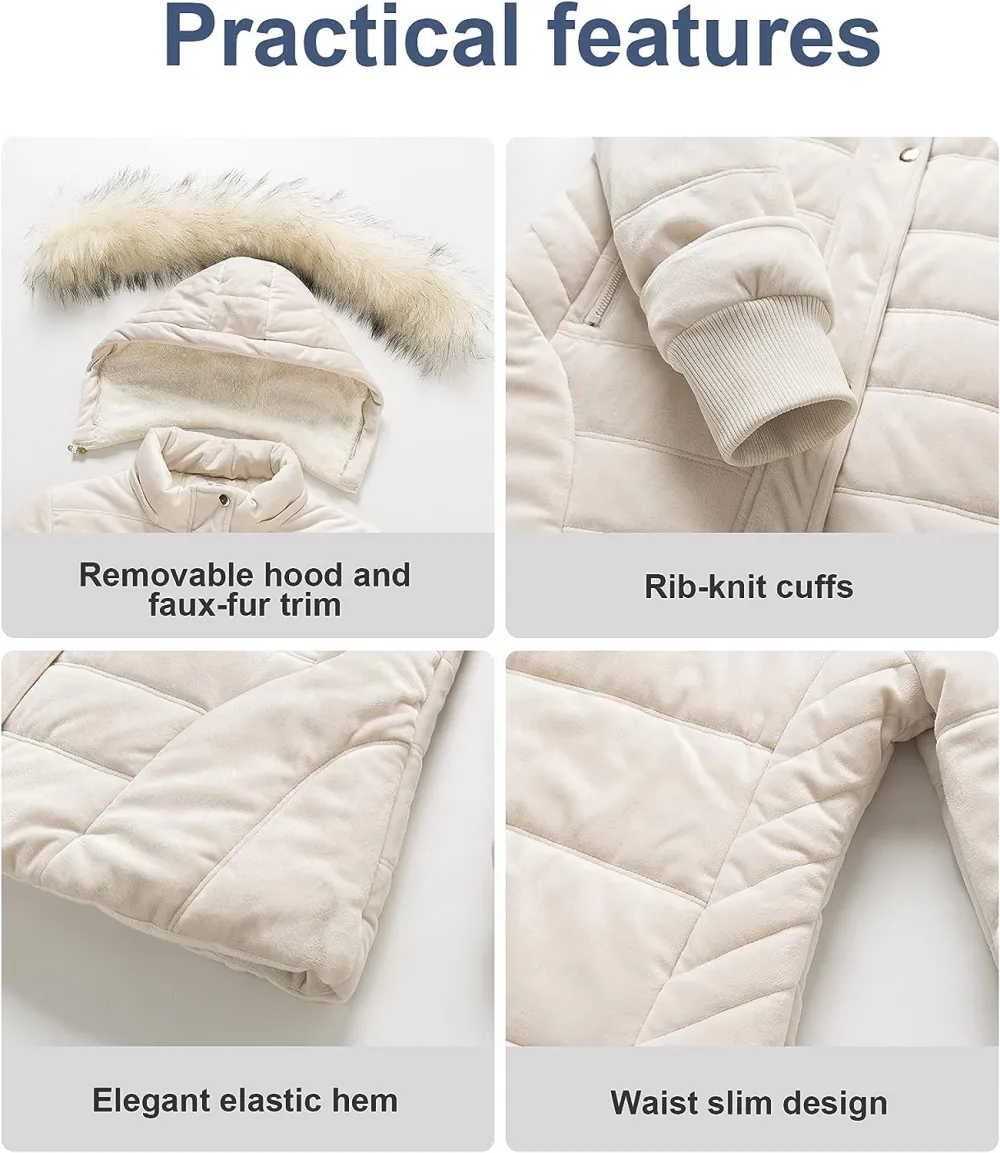 Women's Warm Winter Coat Velvet Puffer Jacket Quilted Faux Fur Hood