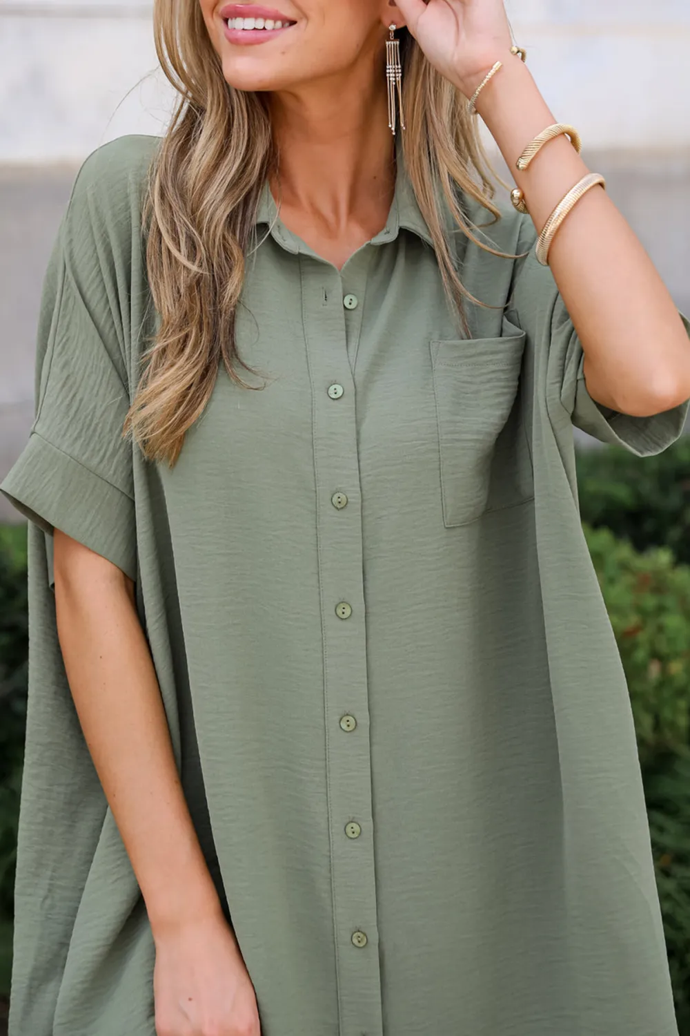 Composed Persona Green Button Front Midi Dress