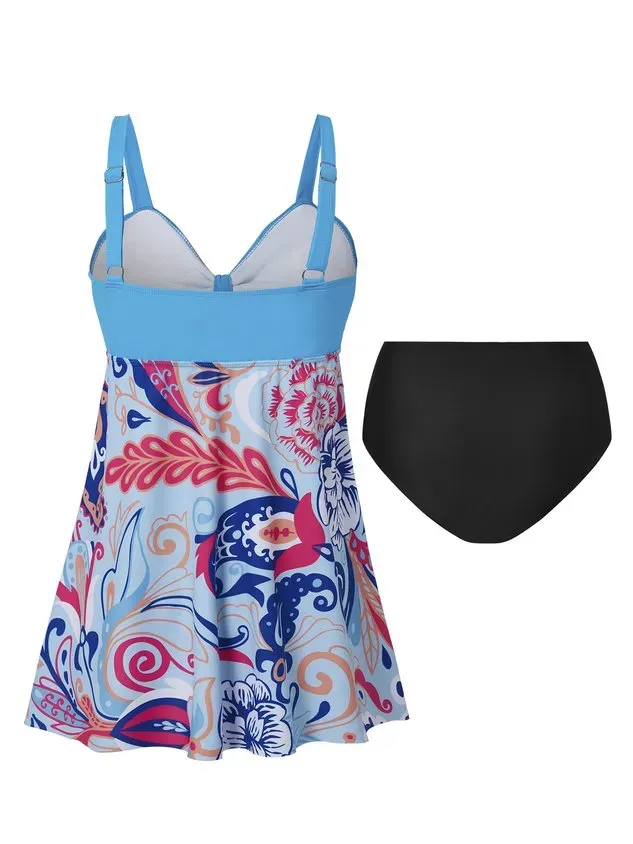Vacation Ethnic  Printing Scoop Neck Swimdress Two-Piece Set